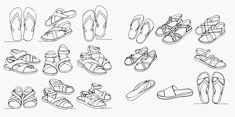 Fototapeta premium Continuous line drawing of various summer footwear including flip-flops, sandals, and slides, isolated on a transparent background.