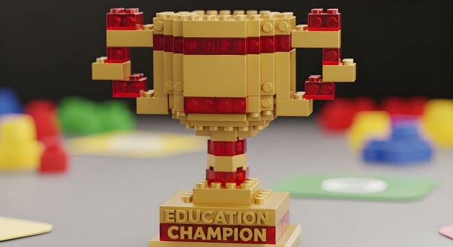 This image features a toy trophy constructed from interlocking plastic building blocks, primarily in gold and translucent red.