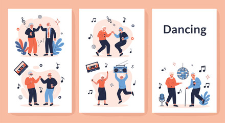 Fototapeta premium Three vertical banners illustrate active seniors enjoying themselves through dancing and listening to music with retro devices.