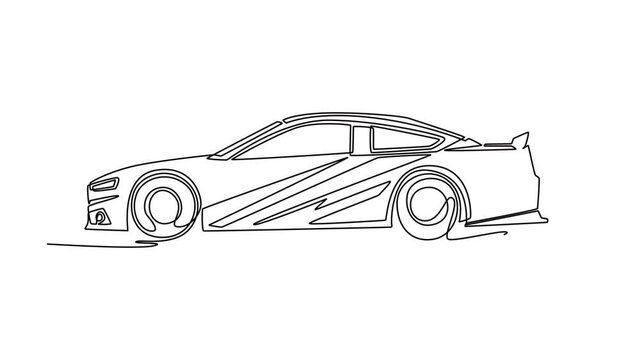 Animated self drawing of continuous line draw professional stock racing car from side view, featuring bold aerodynamic and rear spoiler for motor sport art projects. Full length one line animation