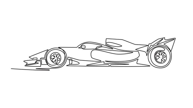 Animated self drawing of continuous line draw side view Formula One racing car. Extremely low ground clearance and elongated aerodynamic body, and engineering precision. Full length one line animation