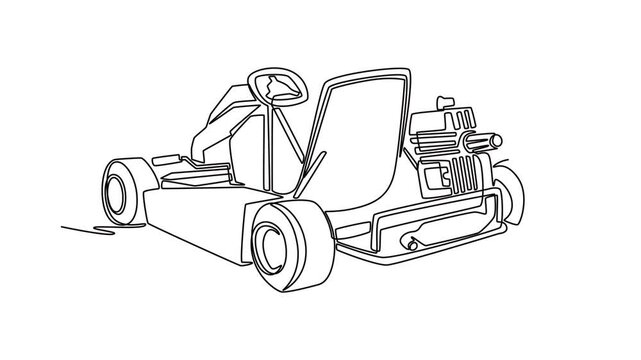 Animated self drawing of continuous line draw rear view of racing go-kart, exposed engine and seat structure. Mechanical beauty, raw power of entry-level motor sports. Full length one line animation