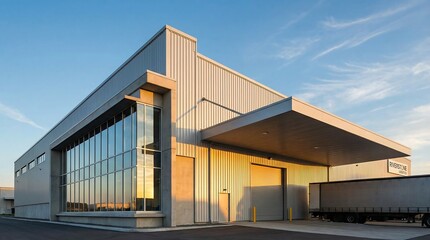 Obraz premium Modern Industrial Warehouse Exterior with Loading Dock at Sunset