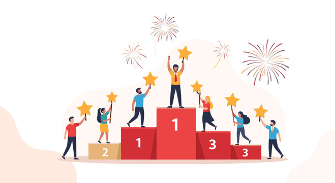 Successful team members stand on a red winner podium holding golden stars while fireworks celebrate their victory in the background.