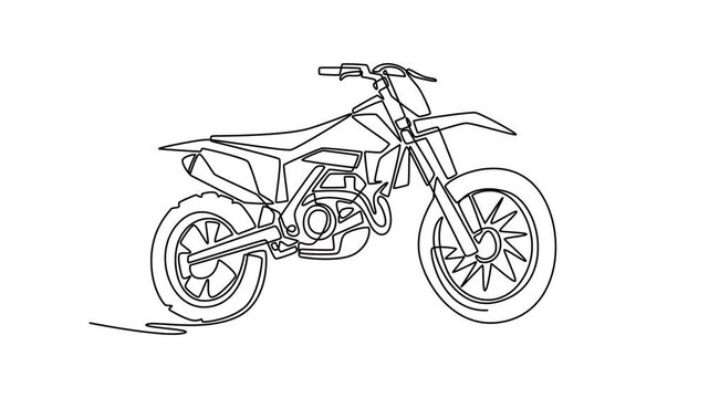Self drawing animation of single line draw enduro or motocross bike with focus on its high suspension and rugged tire tread. Extreme off-road sports motorcycling. Continuous line. Full length animated
