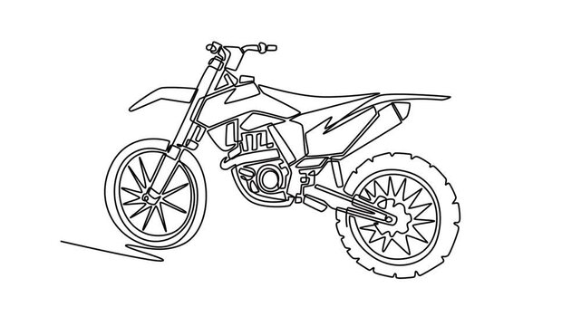Animated self drawing of continuous line draw high-performance dirt bike, often used in motocross. Knobby tires, exposed engine, aerodynamic frame, rugged off-road. Full length single line animation