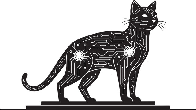 Cybernetic Cat Silhouette with Digital Circuitry and Microchip Patterns