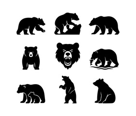 Black Bear Silhouette Icons in Various Poses Including Standing, Walking, Roaring and Sitting, Flat Vector Illustration on White Background © Ashiyana