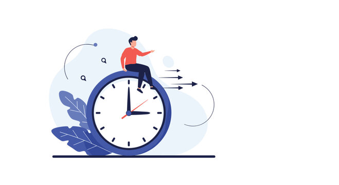 Man sitting on top of a giant analog clock with arrows moving forward to represent speed and time management concept.