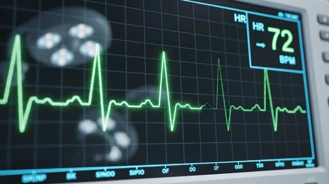 Heart rate monitor displaying normal sinus rhythm and heart rate of 72 beats per minute in a hospital setting