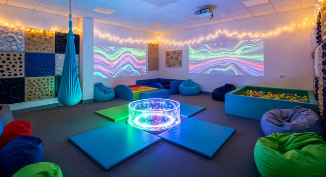 Modern sensory room with therapy equipment colorful lights and calming atmosphere for children