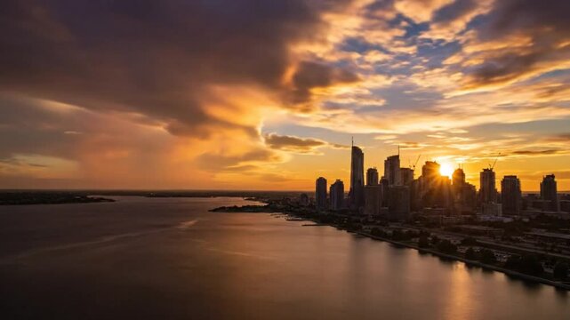 Epic Time-lapse of Toronto City Skyline at Sunset with Dramatic Sky, Lake Ontario View