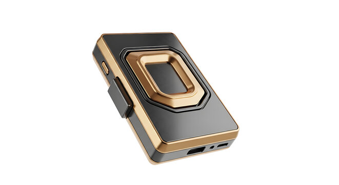 Isolated digital voice recorder with black and gold accents, compact portable audio capture device, modern technology for interviews or notes