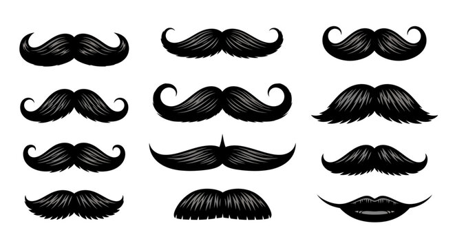 Black mustache, facial hair, vector icons, 12 pcs, illustration set