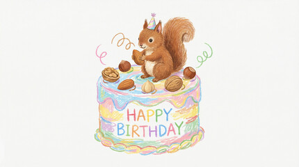 Fototapeta premium Whimsical Birthday Squirrel on Pastel Cake with Nuts with Party Hat Streamers.