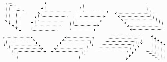 Obraz premium Hand drawn dot line path doodle. Dashed arrow set. Vector doodle dot line. Dotted hand drawn arrow. Doodle arrows of various shapes and directions. 