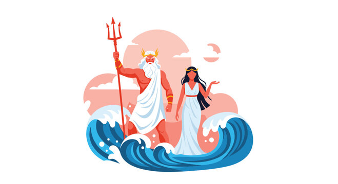 Greek god Poseidon holding trident standing next to goddess Amphitrite amidst powerful crashing ocean waves and clouds.
