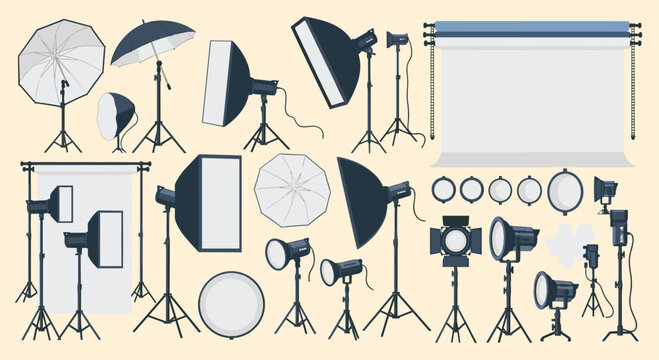 Extensive collection of professional photography studio gear including various lights softboxes reflectors and backdrops.