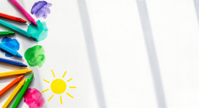 Colorful crayons and watercolor drawings on white paper with copy space and sun sketch