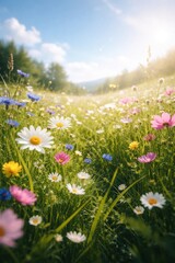 Obraz premium Vibrant wildflowers under sunlight.
