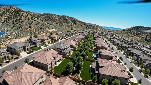 Aerial view of a suburban neighborhood nestled between hills on a bright sunny day