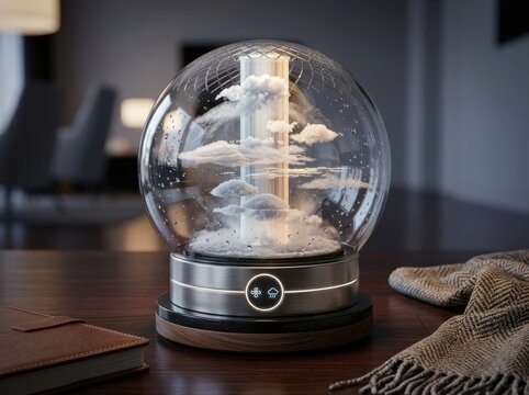 Modern weather forecast device containing clouds and rain inside a glass sphere