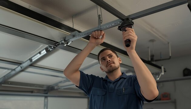 A skilled male technician or handyman is diligently working to repair a residential garage door opener mechanism.