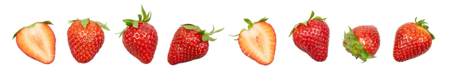 group of delicious red starwberry fruits set. cut, half and whole strawberries berry fruit collection in various positions and multiple angles of view isolated © David Kreuzberg