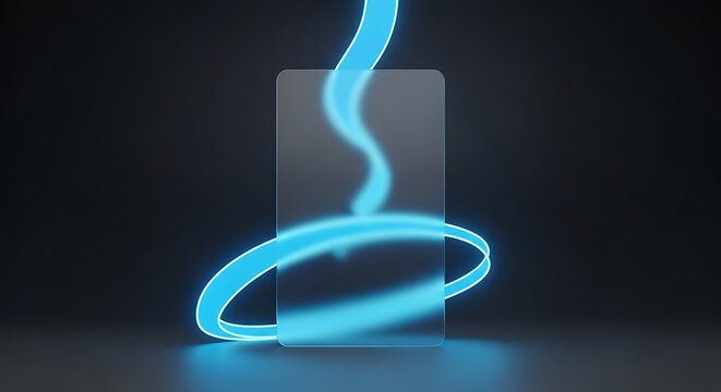 Glowing blue neon light tube wrapped around a transparent glass or acrylic rectangular prism isolated on transparent background
