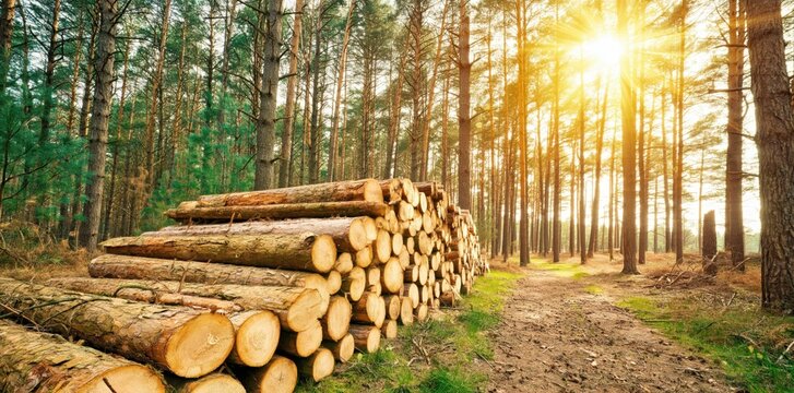 Pile of felled logs in a sunny forest, wood industry concept