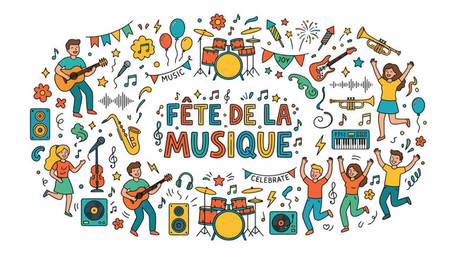 Fete de la Musique Celebration with People and Instruments