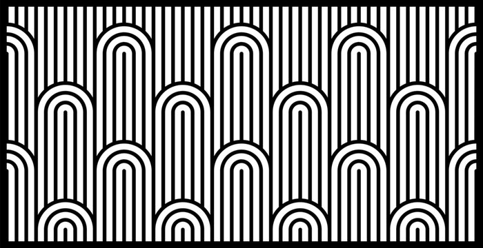 Black and white vector design for laser cutting or CNC. Featuring a rhythmic Art Deco arch and line pattern, perfect for privacy screens, room dividers, and decorative metal or wood panels.
