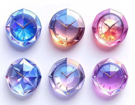 Glassmorphism gemstone clock icons set, futuristic transparent crystal watch faces, iridescent holographic design, 3D rendering