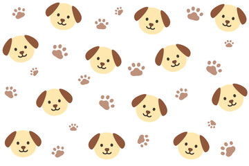 Obraz premium Cute dog seamless pattern. Cartoon dogs with paw prints on white background. Friendly pet theme. Seamless vector pattern.