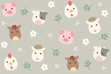 Fototapeta premium Farm animals seamless pattern. Cute faces of chicken, horse, cow, pig, sheep with leaves and flowers on light pastel background. Playful rural theme. Seamless vector pattern.