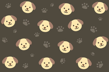 Fototapeta premium Cute dog seamless pattern. Cartoon dogs with paw prints on dark brown background. Warm pet style. Seamless vector pattern.