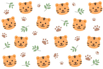Cute tiger seamless pattern. Cartoon tigers with paw prints and leaves on white background. Fun wildlife theme. Seamless vector pattern. © bannanabread