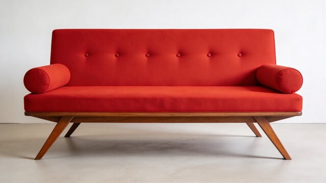 features a modern, minimalist-style sofa with a clean and simple layout. The sofa is upholstered in a vibrant red fabric, giving it a bold and striking appearance. It has a rectangular shape with a tu
