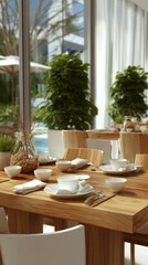 Fototapeta premium Modern restaurant interior with wooden table, white tableware, napkins, glass vase, natural light, green plants, and outdoor view create serene