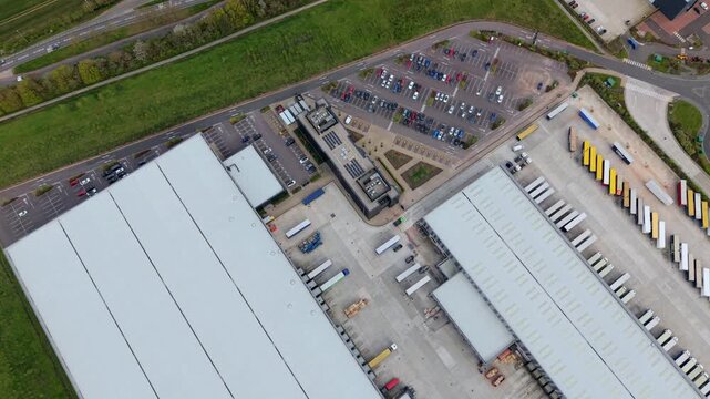 Aerial view of massive business Park logistics hub with HGV loading bays near Appleby Magna UK