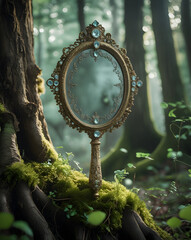 Fototapeta premium Victorian Style Hand Mirror with Ornate Gold Carving and Gemstones