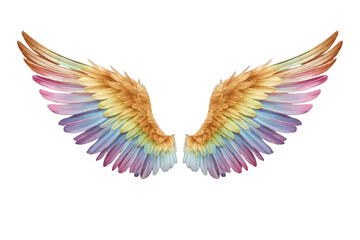 Fototapeta premium Pair of rainbow angel wings with colorful feathers spreading out, symbolizing freedom, spirituality, and artistic creativity with a watercolor effect