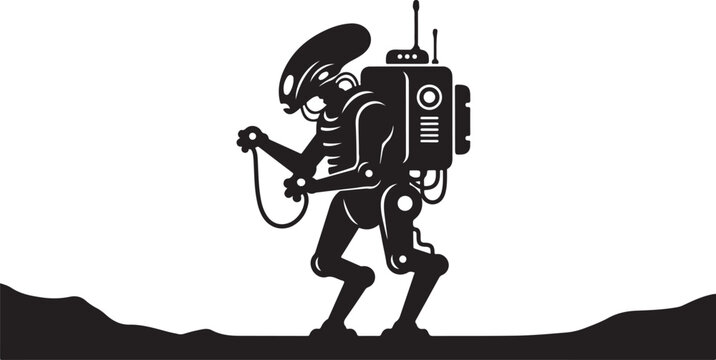 Black, monochrome alien robot, sci-fi character, vector illustration, futuristic design