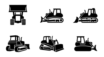 Heavy construction bulldozer vector icons set, industrial crawler tractor silhouettes, black earth moving machinery for civil engineering projects © Imran