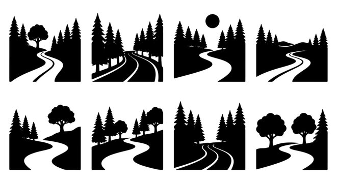Winding road silhouette icons, forest landscape path vector set, 8 nature trail and highway symbols, black and white outdoor scenery graphics