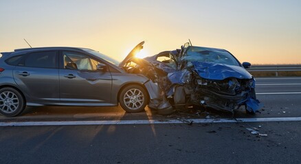 Fototapeta premium Car accident on the highway at sunset