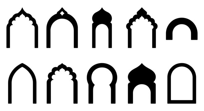 Islamic arch silhouette collection, 10 oriental door and window frames, black arabic architectural shapes, traditional middle eastern portal vectors