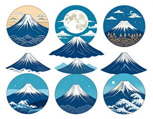 Naklejka premium Modern Japanese ukiyo-e mountain icons set with moon and waves minimalist design vector illustration