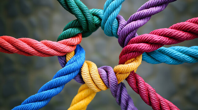 Colorful ropes intertwined in a circle symbolizing unity and teamwork.