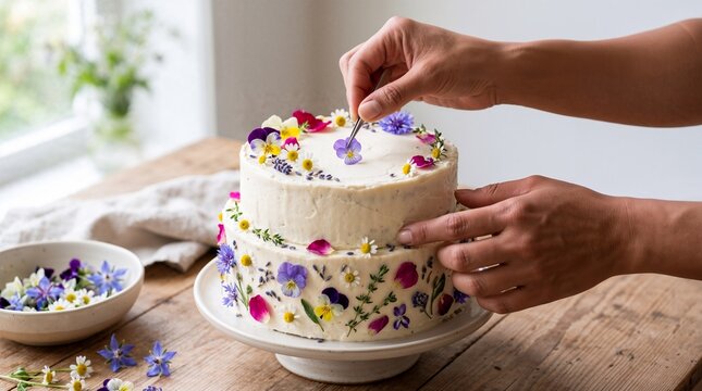 Woman decorating a cake with edible flowers on a wooden table indoors.